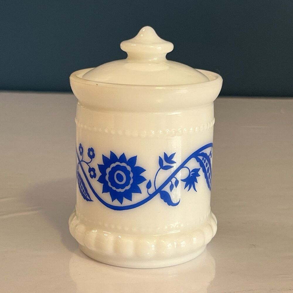 Vtg Milk Glass Jar “Sweet Pea” Blue Hazel Atlas Toothpick Or Apothecary